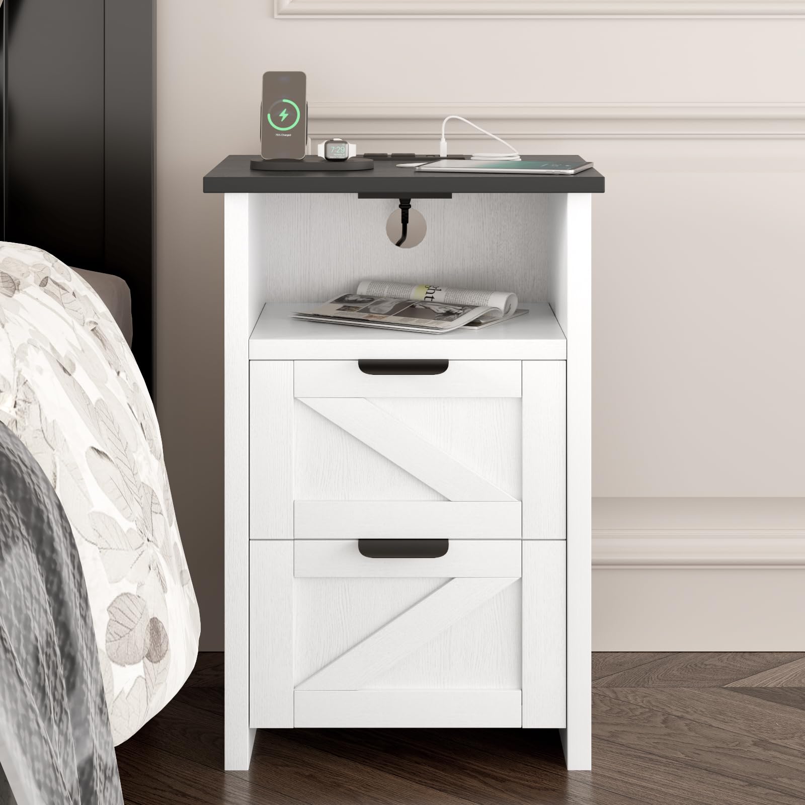Farmhouse Nightstand Set of 2 with Charging Station & Drawers