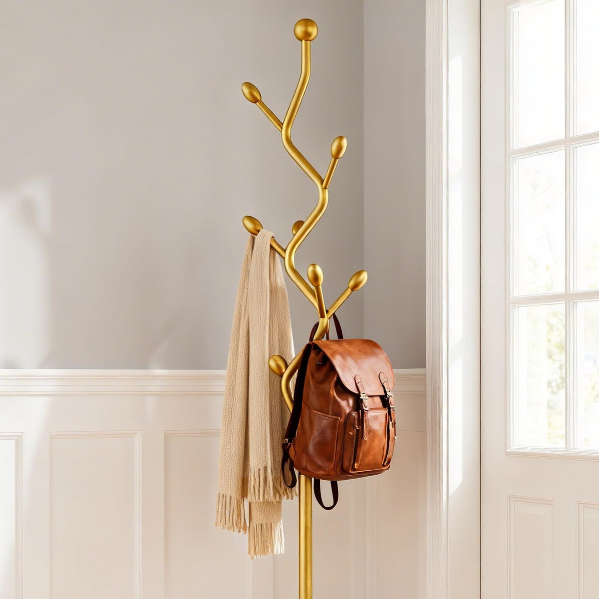 BUZUEY Gold Coat Rack Freestanding Metal Tree Coat Stand with Hooks,Modern Decorative Standing Hat Rack for Entryway Bedroom Living Room
