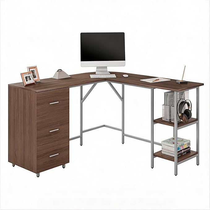 L-Shaped Computer Desk with Drawers & Storage Shelves