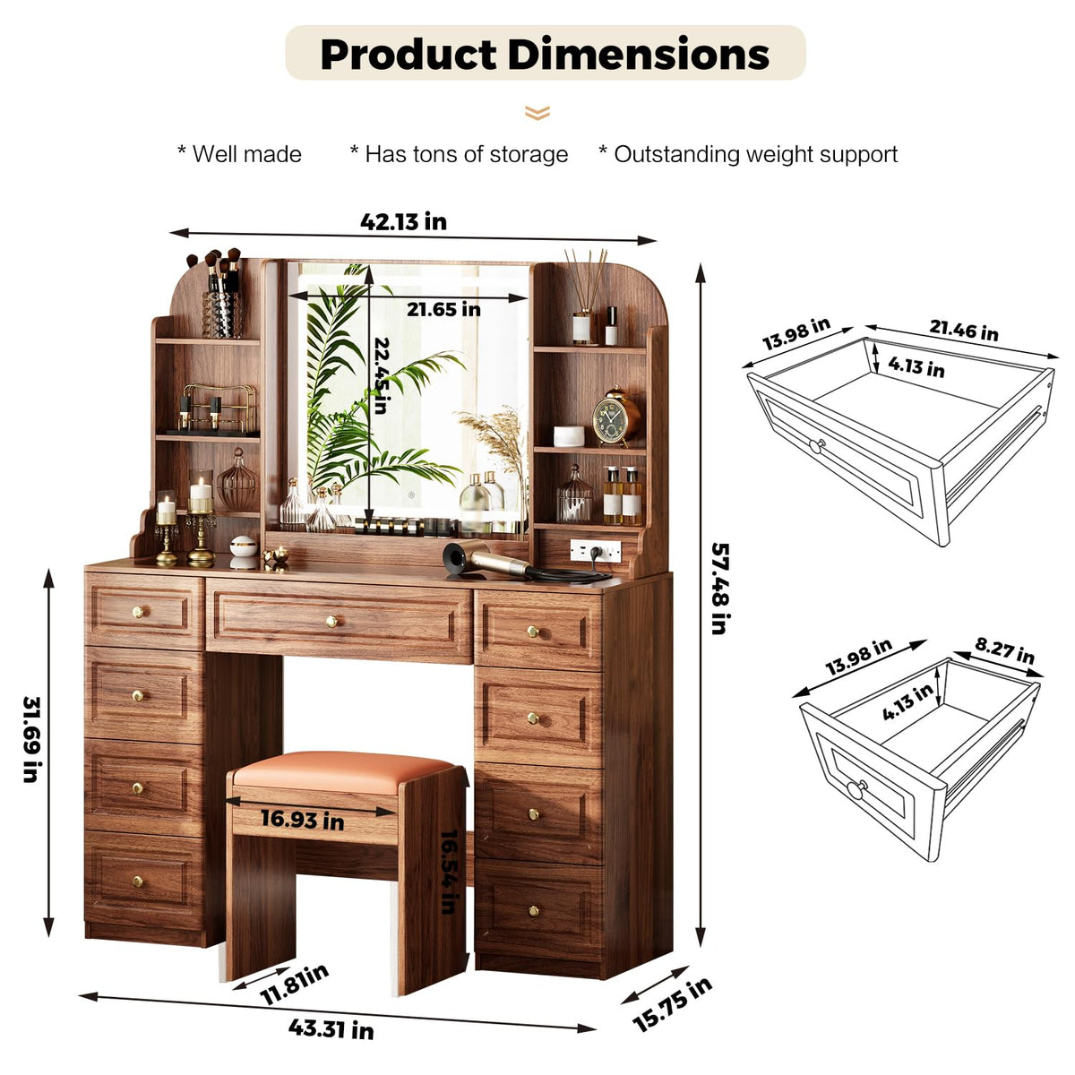 Arulvmrn 43” Wooden Makeup Vanity Set with Mirror and Lighted,Modern Vanity Desk with 9 Drawers,Storage Shelves, and Padded Seat, Dressing Table for Bedroom, Dorm, or Home Beauty Station,Brown