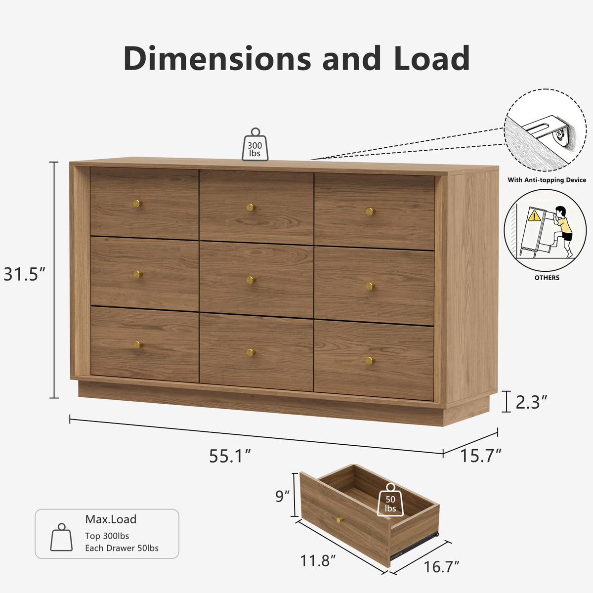 FORTUNETEC 55" Wide 9 Drawer Dresser for Bedroom, Walnut