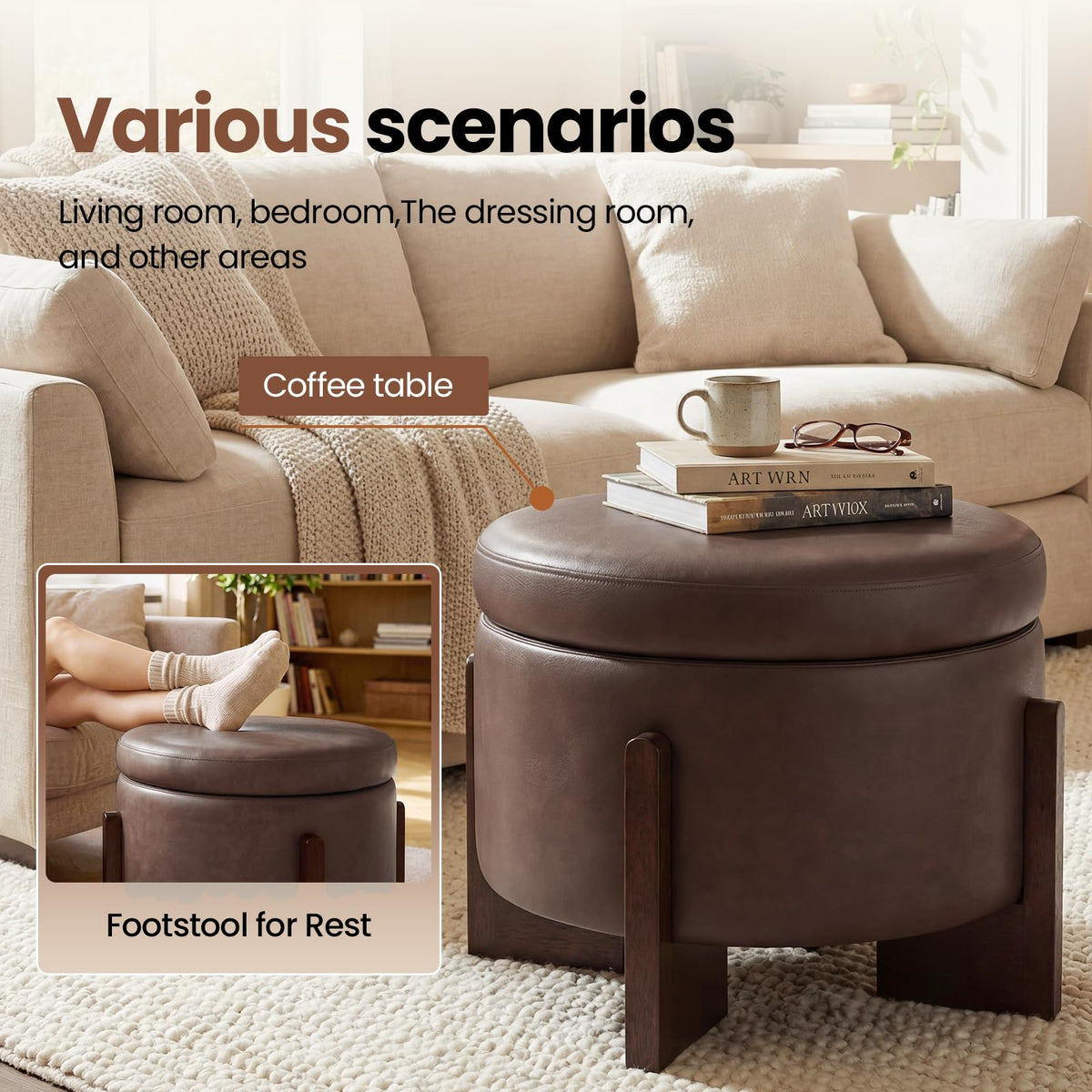 Round Faux Leather Storage Ottoman