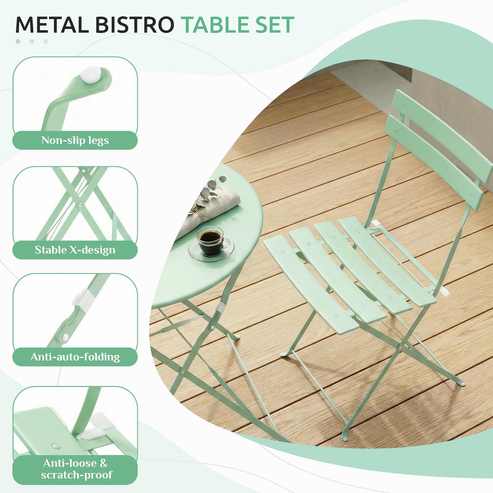 3-Piece Folding Bistro Set, Outdoor Patio Table & Chairs