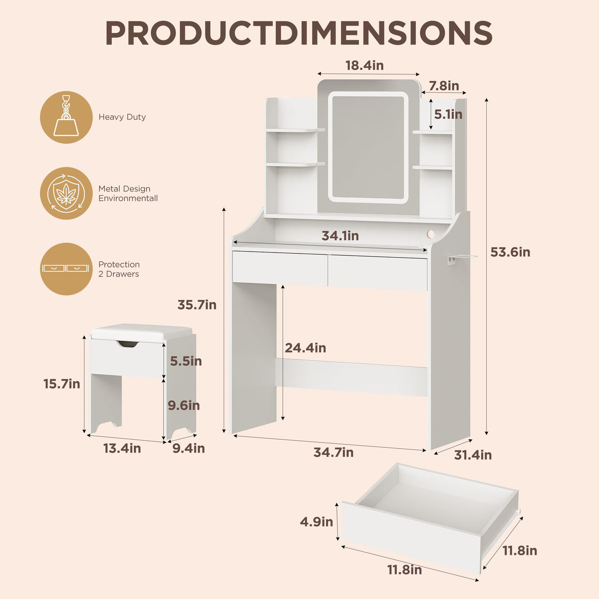 Vabches Vanity Desk with Mirror and Lights, Vanity with Lighted Mirror