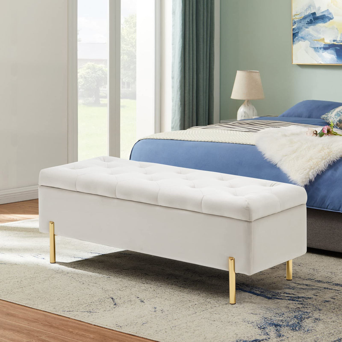Ivory Velvet Storage Bench