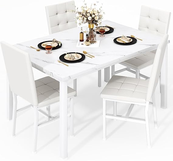4-Piece Faux Marble Dining Table Set with Velvet Chairs