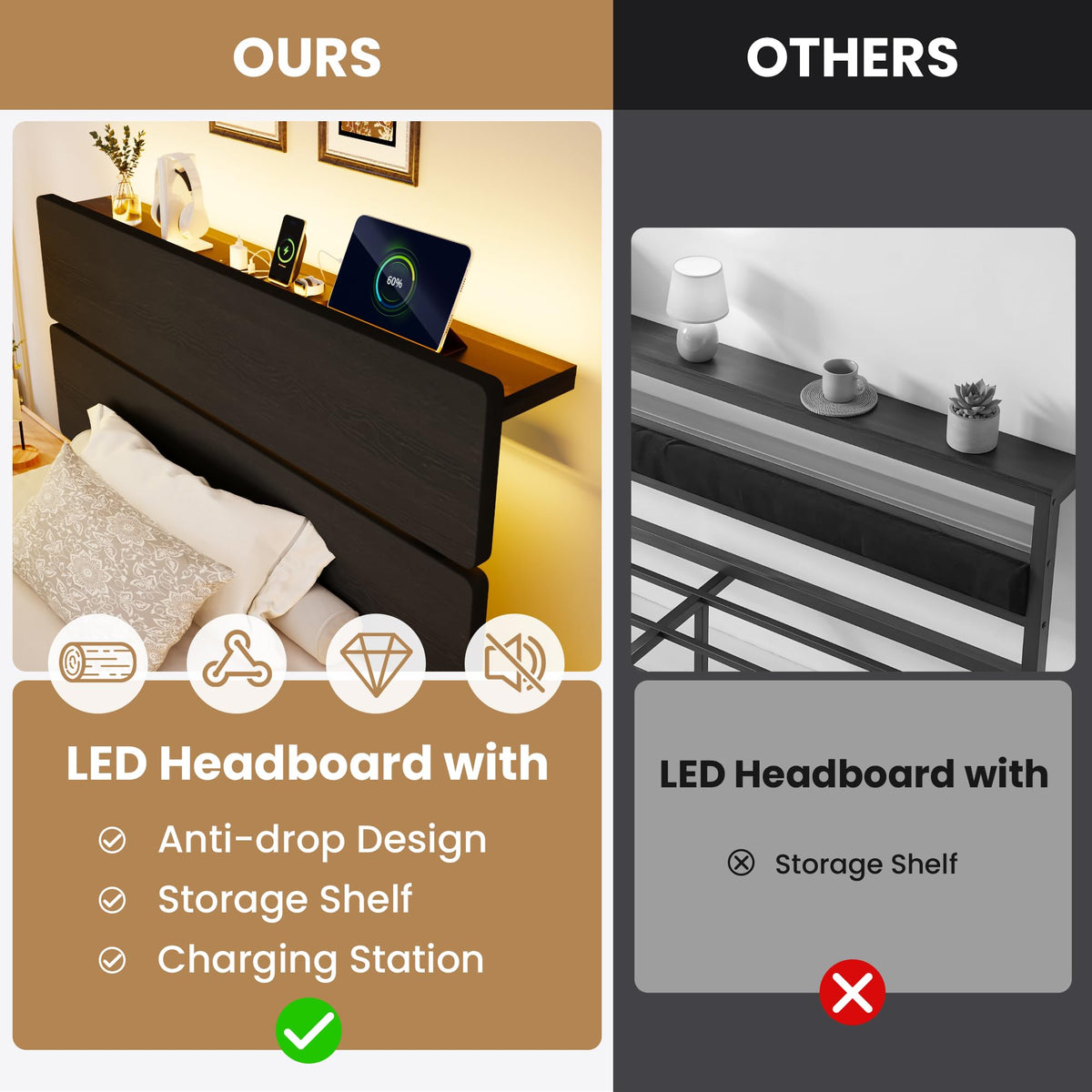 Twin LED Bed Frame with Charging Station