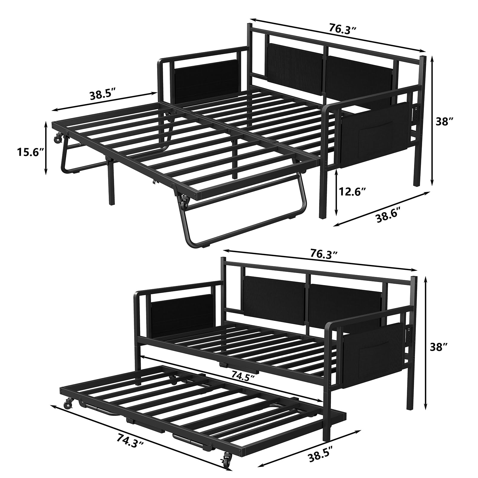 Furniouse Daybed with Charging Station and LED Lights, Twin Daybed with Trundle, Metal Bed Frame with Steel Slat Support for Bedroom, Guest Room, Living Room Black