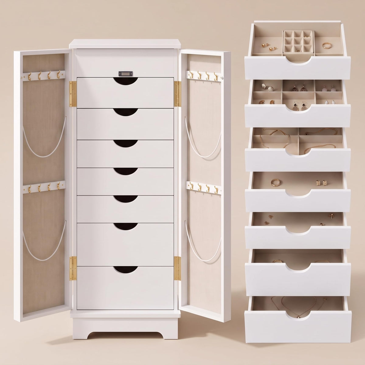 Hives and Honey Porsha Jewelry Armoire – Fully Locking with Mirror, 7 Drawers, Necklace Hooks & Ring Storage – Solid Wood Veneer, Anti-Tarnish Lining – White