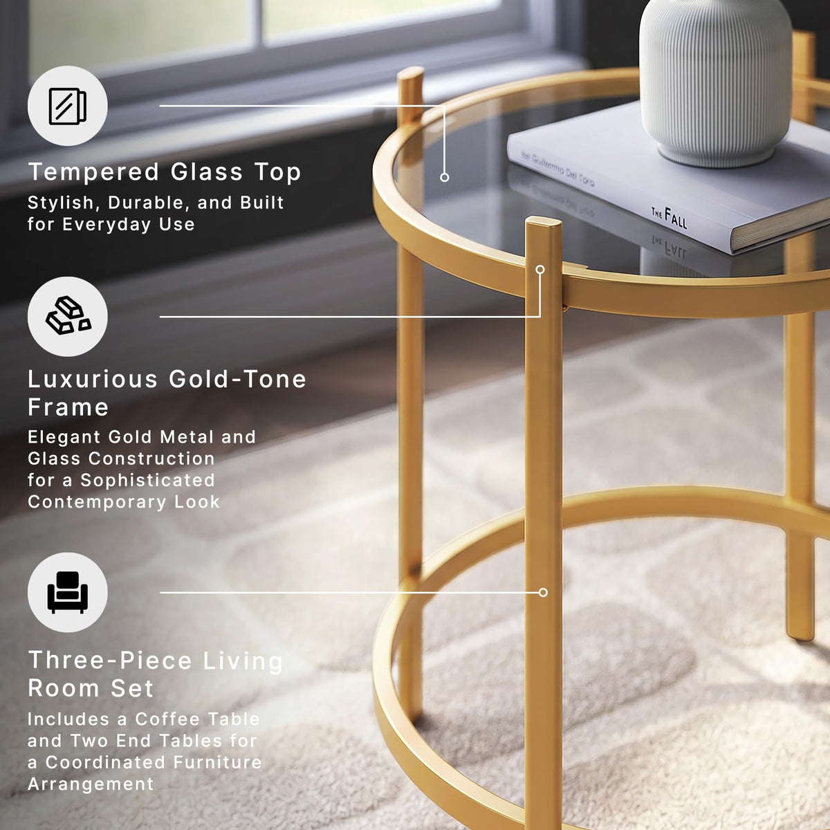 Signature Design by Ashley Pearlox Casual Table with Inset Tempered Glass Top, Set of 3, Gold