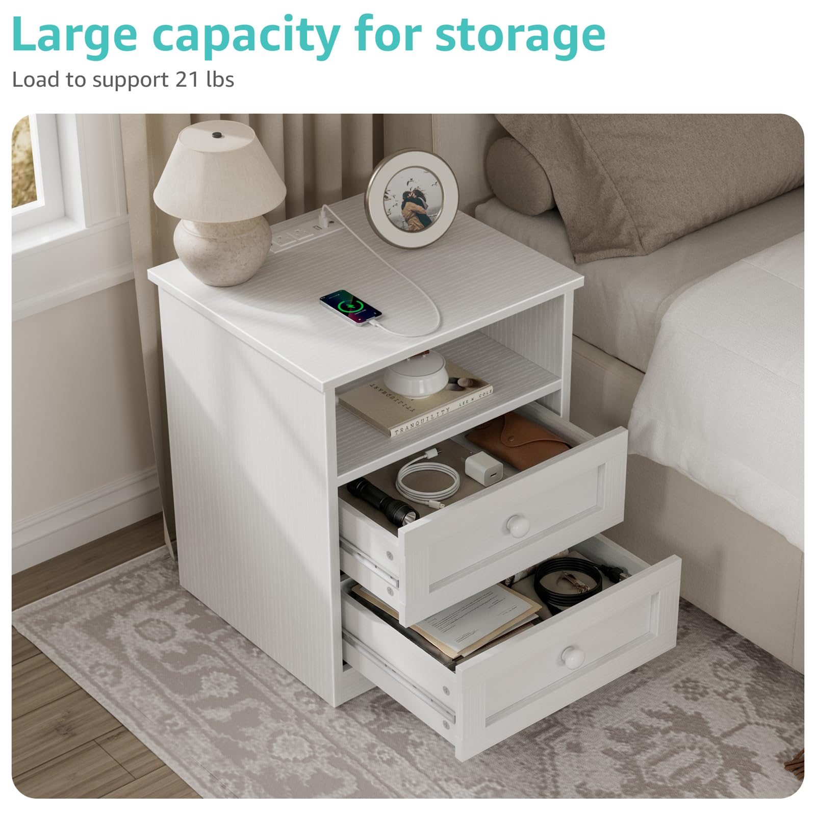 Nightstand with Charging Station & LED Lights