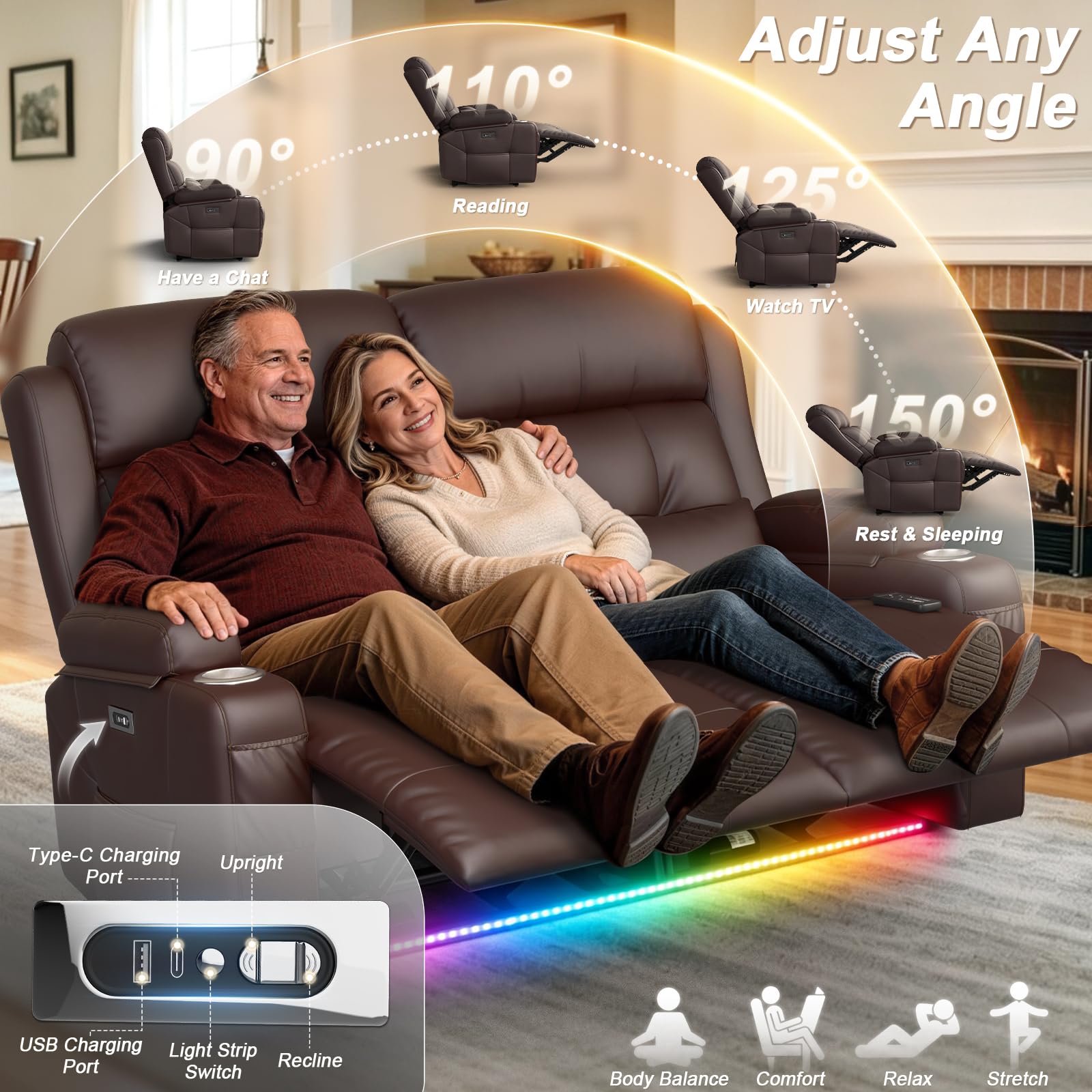Aotolo Power Reclining Loveseat with Massage & Heat,Wall Hugger Home Theater Seating with LED Lights,USB & Type-C Ports, Ideal for RV, Home Theater and Living Room,Brown,2 Seats
