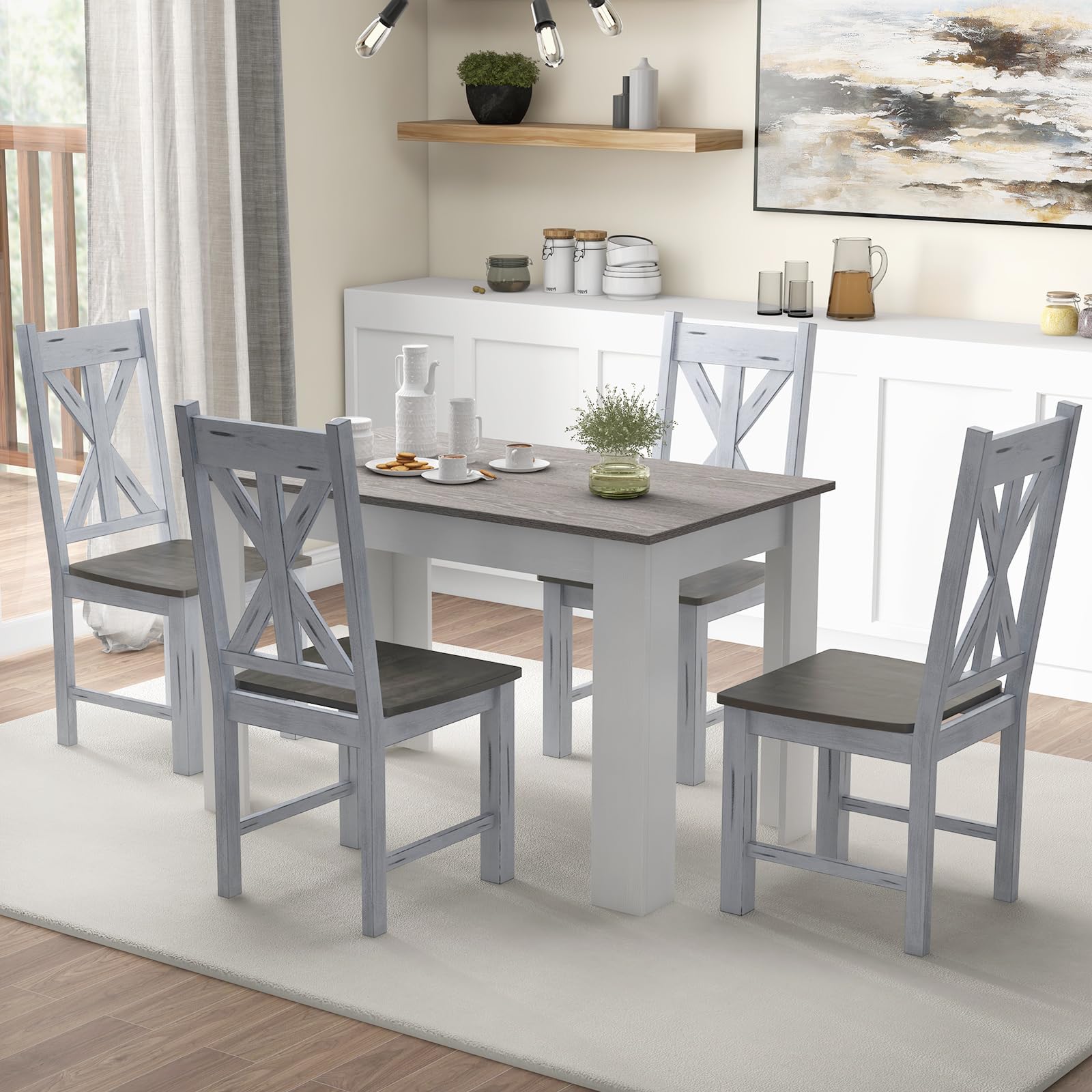 Rubber Wood Dining Chairs, Set of 4 – Hollowed High Back, Grey