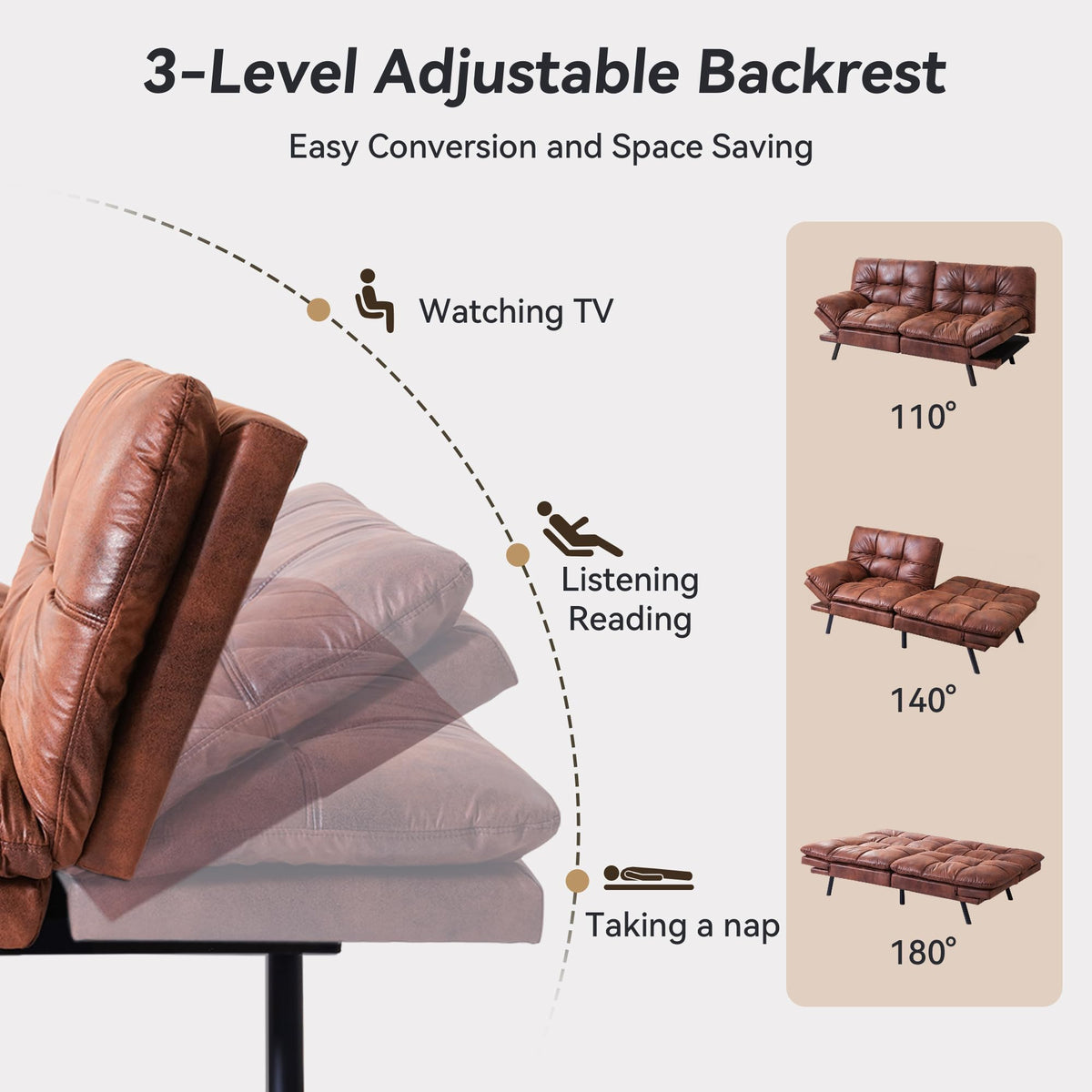 AMICLIBER 71" Convertible Futon Sofa Bed,Brown Faux Leather Futon Couch
