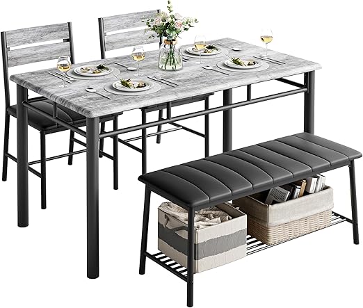 4-Piece Industrial Dining Table Set with Bench & 2 Chairs