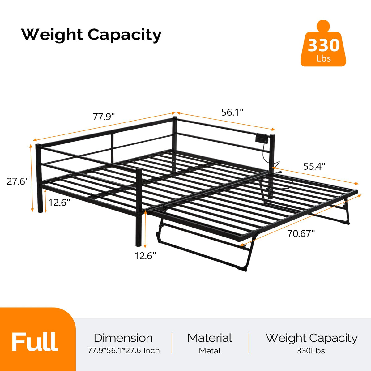 VINGLI Full Metal Daybed with Pop Up Trundle Bed Twin, Sofa Day Bed Frame with Charging Station and LED Lights, Heavy Duty Steel Slats and Pull Out Trundle for Bedroom,Guest Room,Living Room, Black