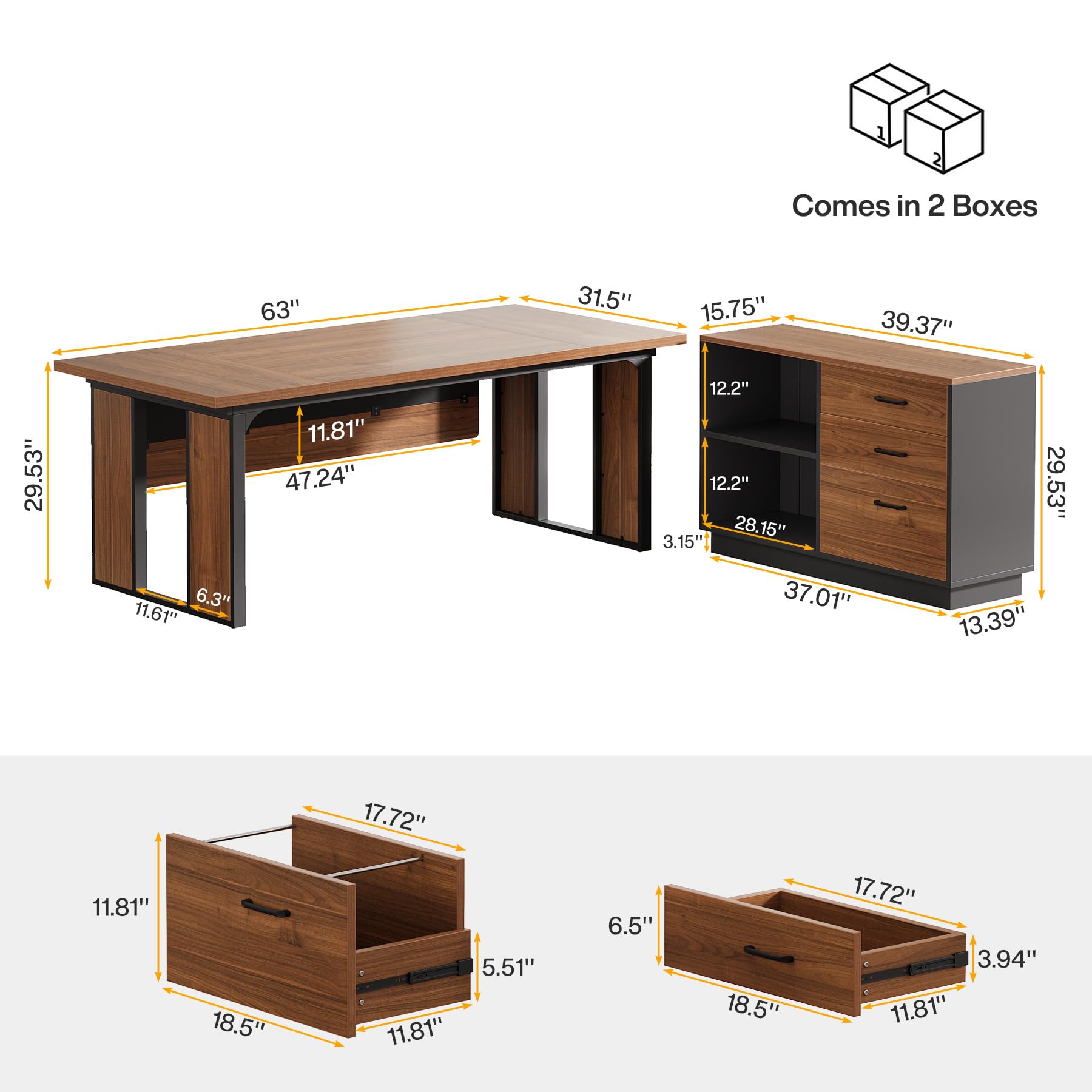 L-Shaped Executive Desk with 3-Drawer Filing Cabinet
