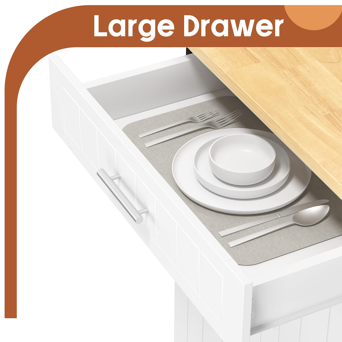 SUNLEI Kitchen Island with Storage, 26" Rolling Microwave Cart with 3 Drawers, Rubberwood Top, Lockable Wheels, Towel Rack & Open Shelves, Portable Kitchen Cart, White