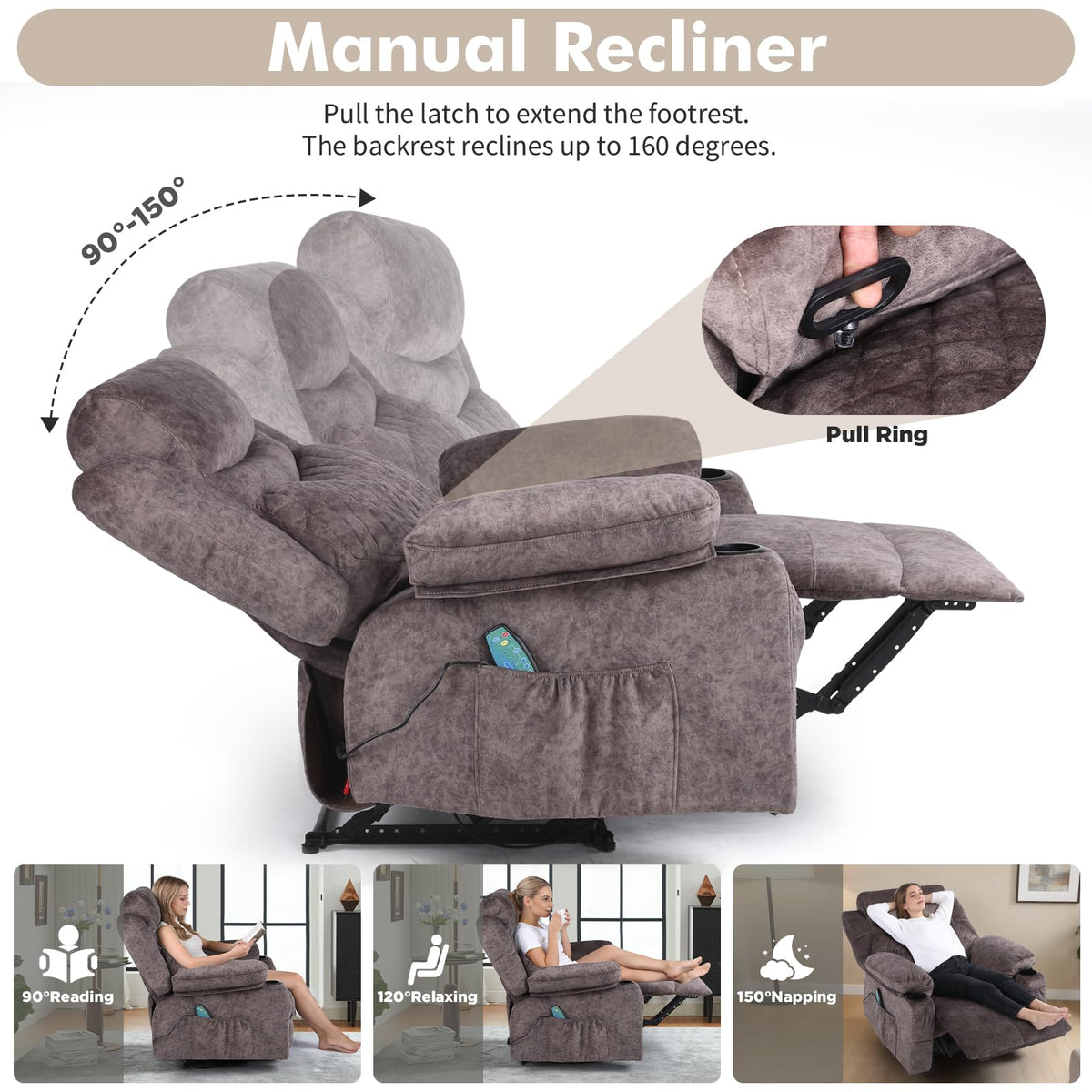Oversized Massage Manual Recliner Chair Heated Reclining Sofa for Adult