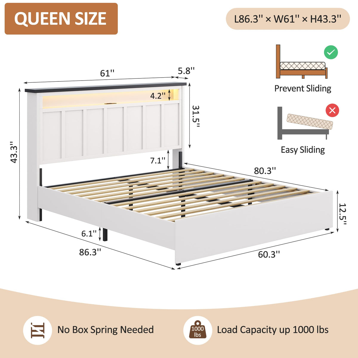 Glirun Queen Bed Frame with 2-Tier Storage Headboard, White