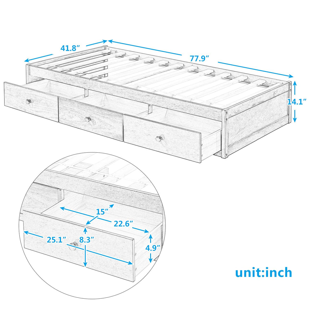 Merax Wood Bed Frame with 3 Drawers Twin Storge Day Bed with Wood Slat Support Space Saving Cherry