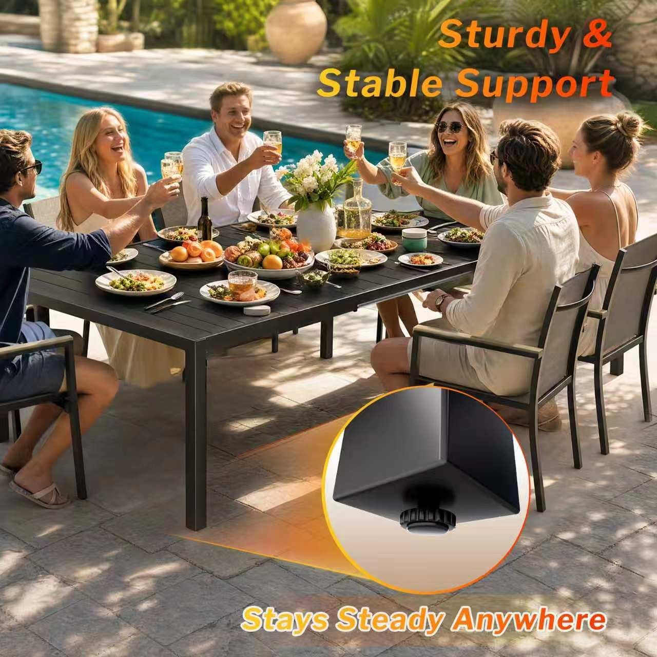 MEOOEM Expandable Patio Dining Table for 8, 78.8" Large Long Adjustable Rectangular Outdoor Table for 4-8 Person, 500LBS Sturdy Black Metal Extendable Patio Table for Outside,Garden, Lawn, Backyard
