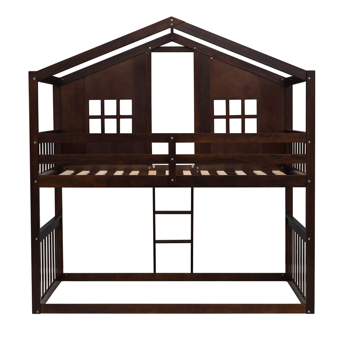 House Bunk Bed Twin Over Twin with Roof and Window for Kids Teens, Espresso