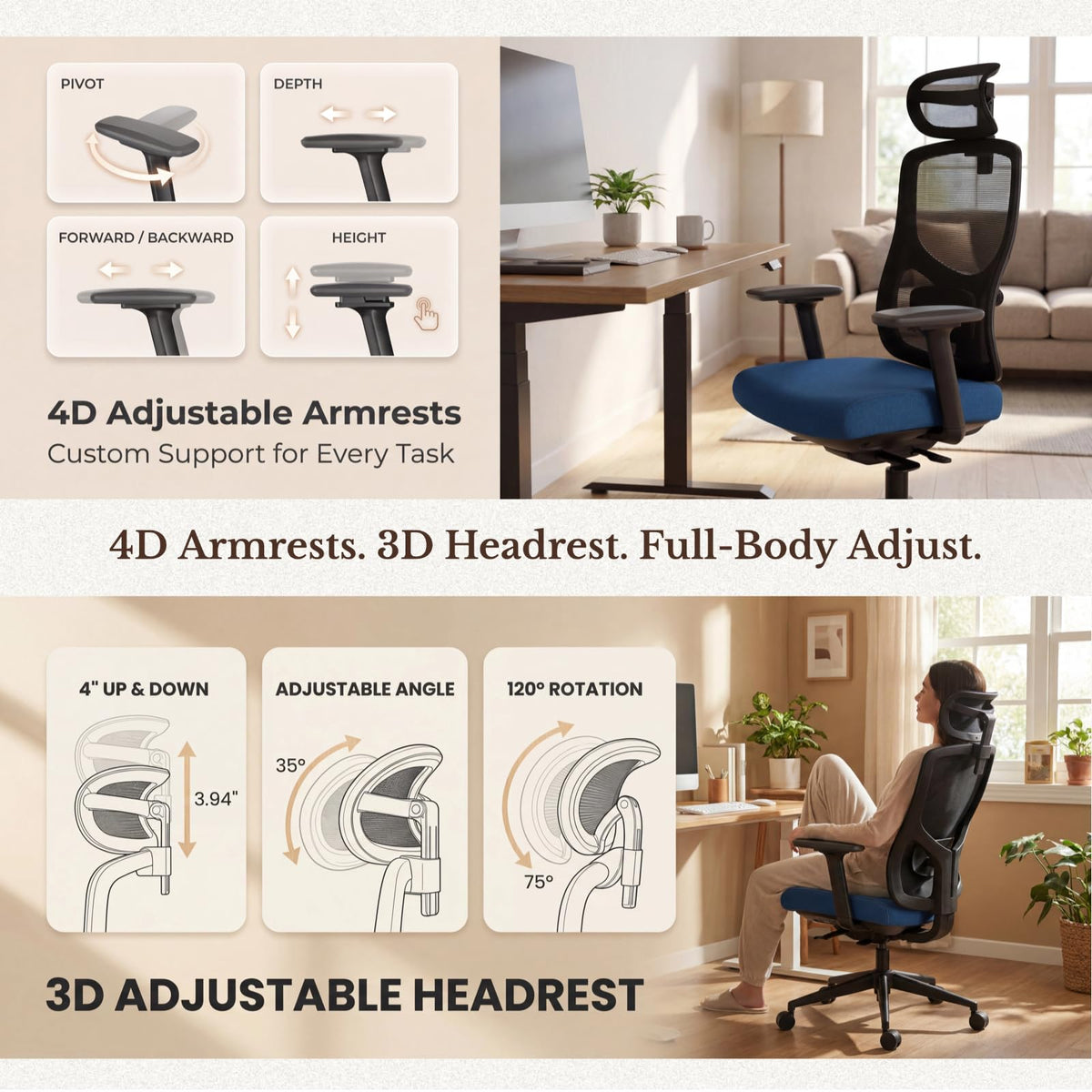 DEXYNORD Ergonomic Office Chair with Breathable Mesh Back & Thick Cushion Seat, 4D Armrests, 3D Headrest, Adjustable Lumbar Support & Seat Depth, High Back Desk Chair with Tilt Lock (Blue)