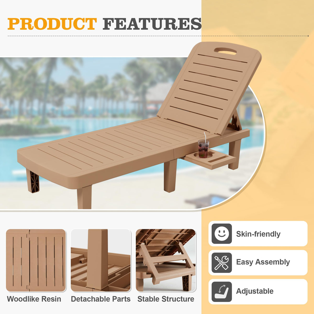 UDPATIO Outdoor Lounge Chair Pool Waterproof Chaise Chairs Reclining