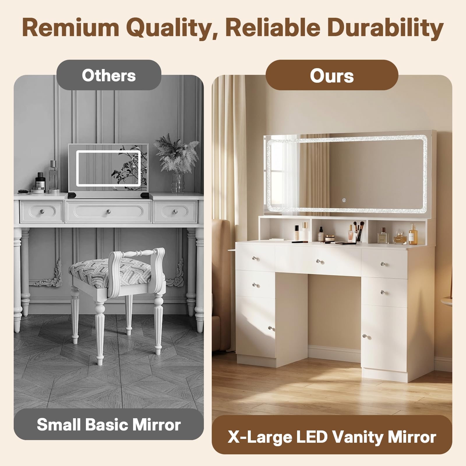ZIMASYA Makeup Vanitys with Extra Large Mirror & Lights,45" Vanity Desk with 2 Side Shelves & Adjustable Brightness 3 Color Crystal Sparkle LED,Charging Station,26 Storage Areas for Girls Women White