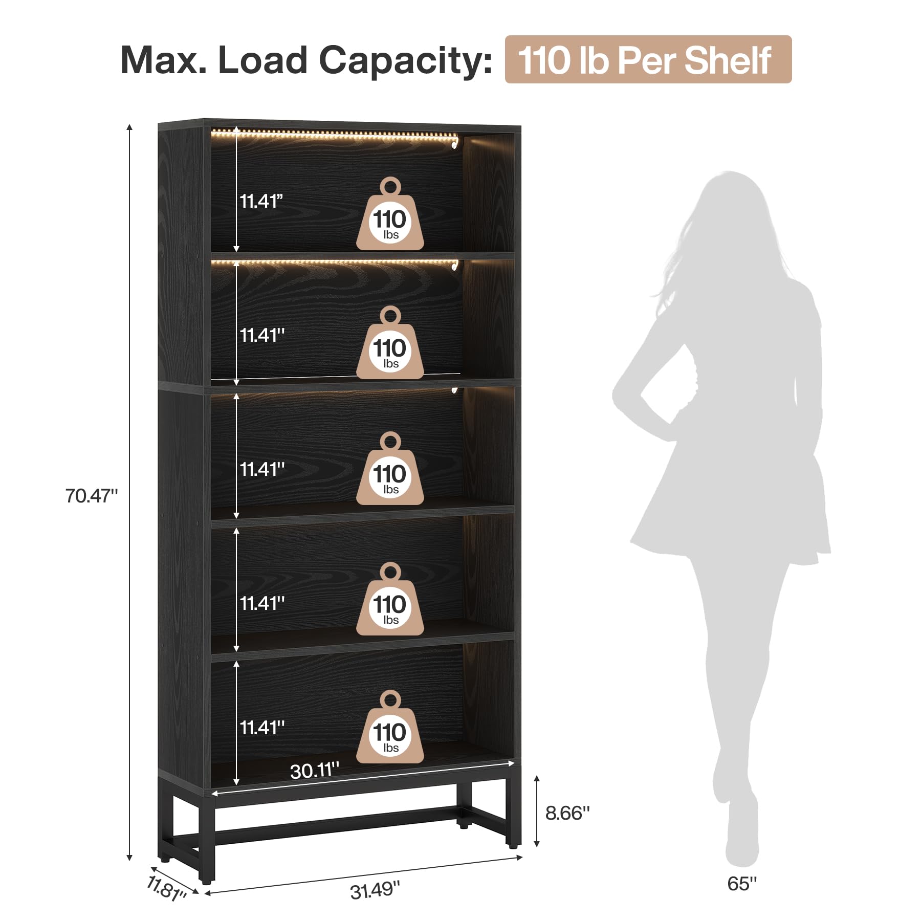 Tribesigns Tall Bookcase Black Bookshelf, 70.8” Large Bookcases Organizer with LED Lights, Heavy Duty Free-Standing Library Bookshelf with 5-Tier Storage Shelves for Living Room, Bedroom (Black)