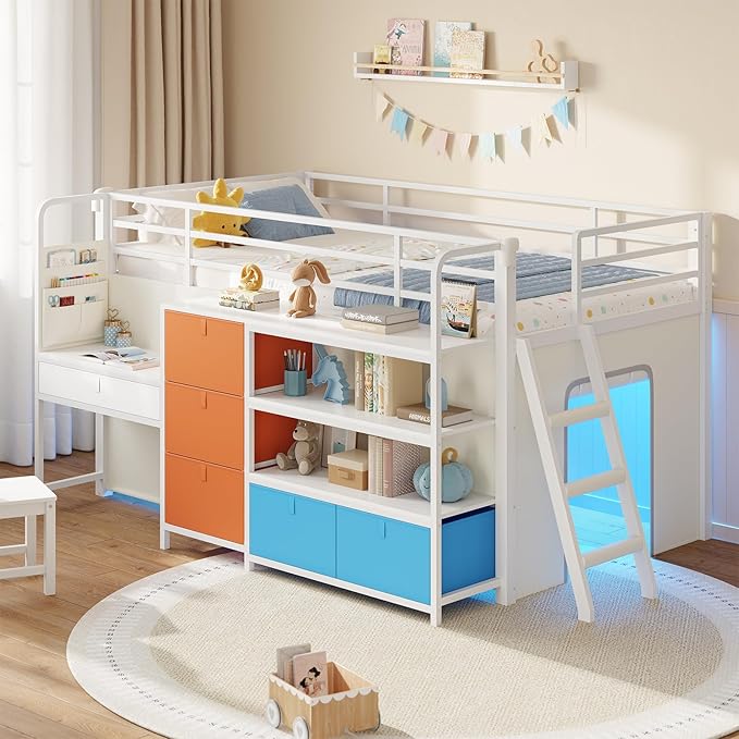 Twin Low Loft Bed with Desk, Storage Drawers & LED Lights