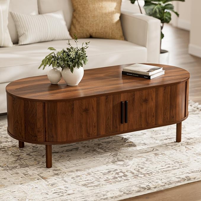 Round Coffee Table with Sliding Door Cabinet