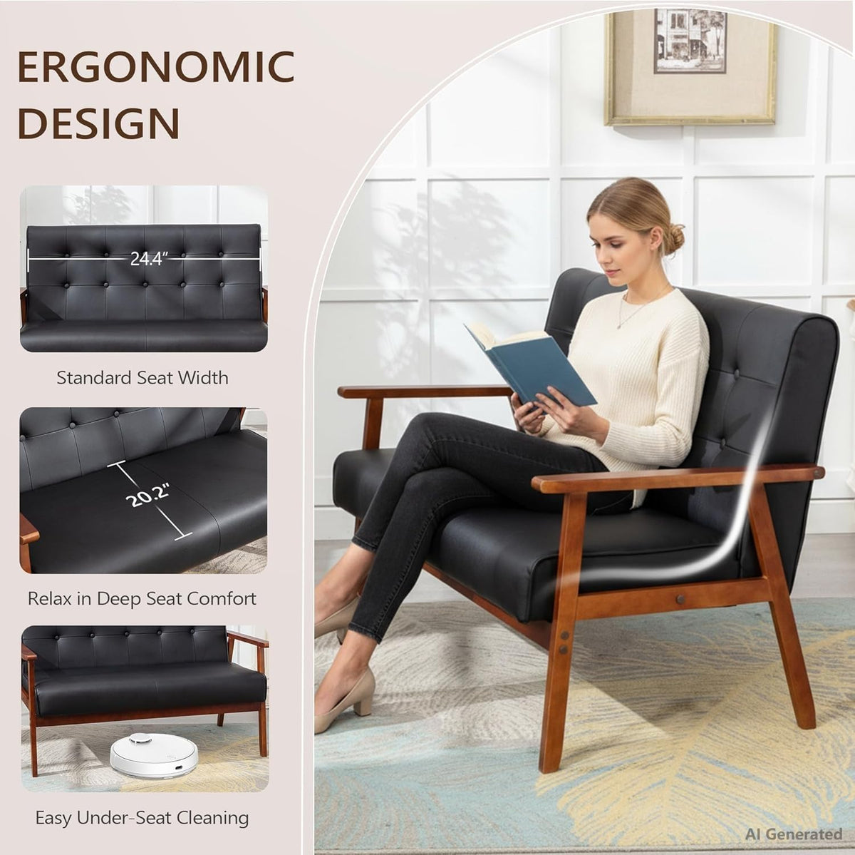 JIASTING Wooden Loveseat Sofa and Accent Chair Set of 2, Office