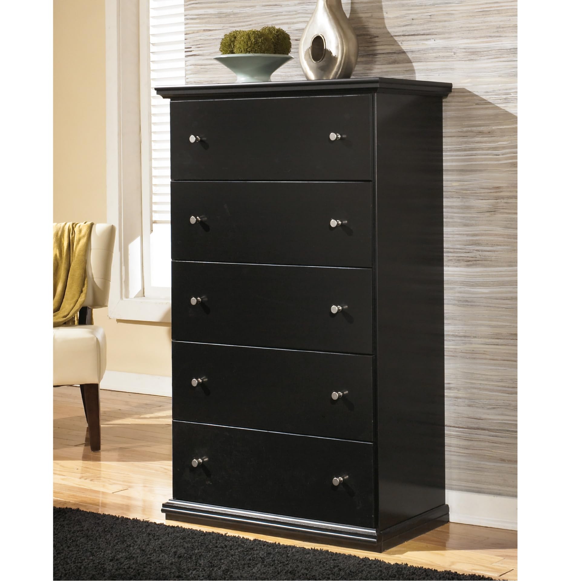Signature Design by Ashley Maribel Modern 5-Drawer Chest with Anti-Tipping Design, Black