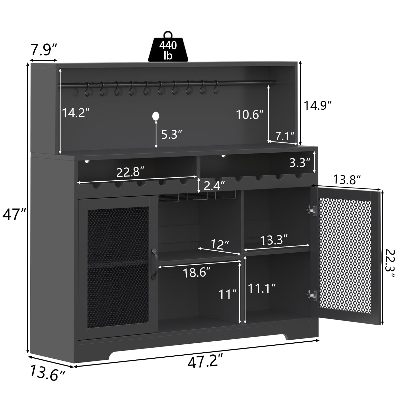 Loomie Wine Bar Cabinet with LED Light, Liquor Cabinet with Glass Holder, Coffee Bar for Liquor, Storage Buffet with Wine Racks, Wine Cabinet with Mesh Door (Black)