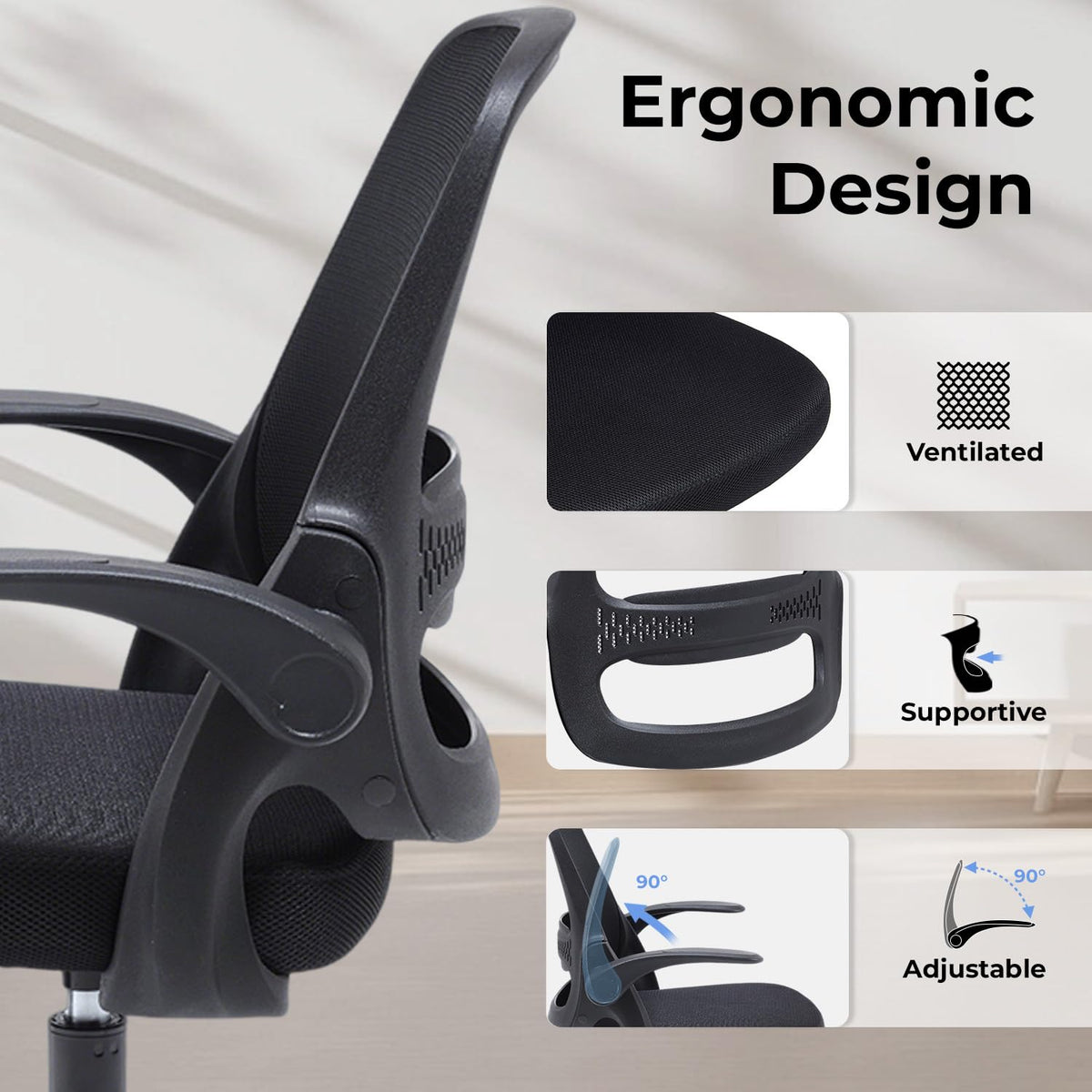 Amseatec Mesh Office Chair, Ergonomic Home Office Chair with Flip-Up Arms