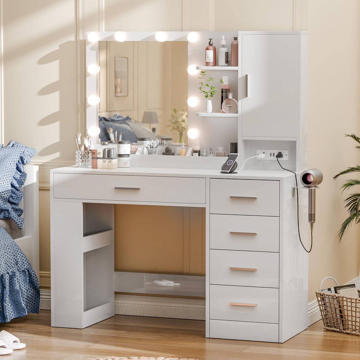White Makeup Vanity with LED Mirror