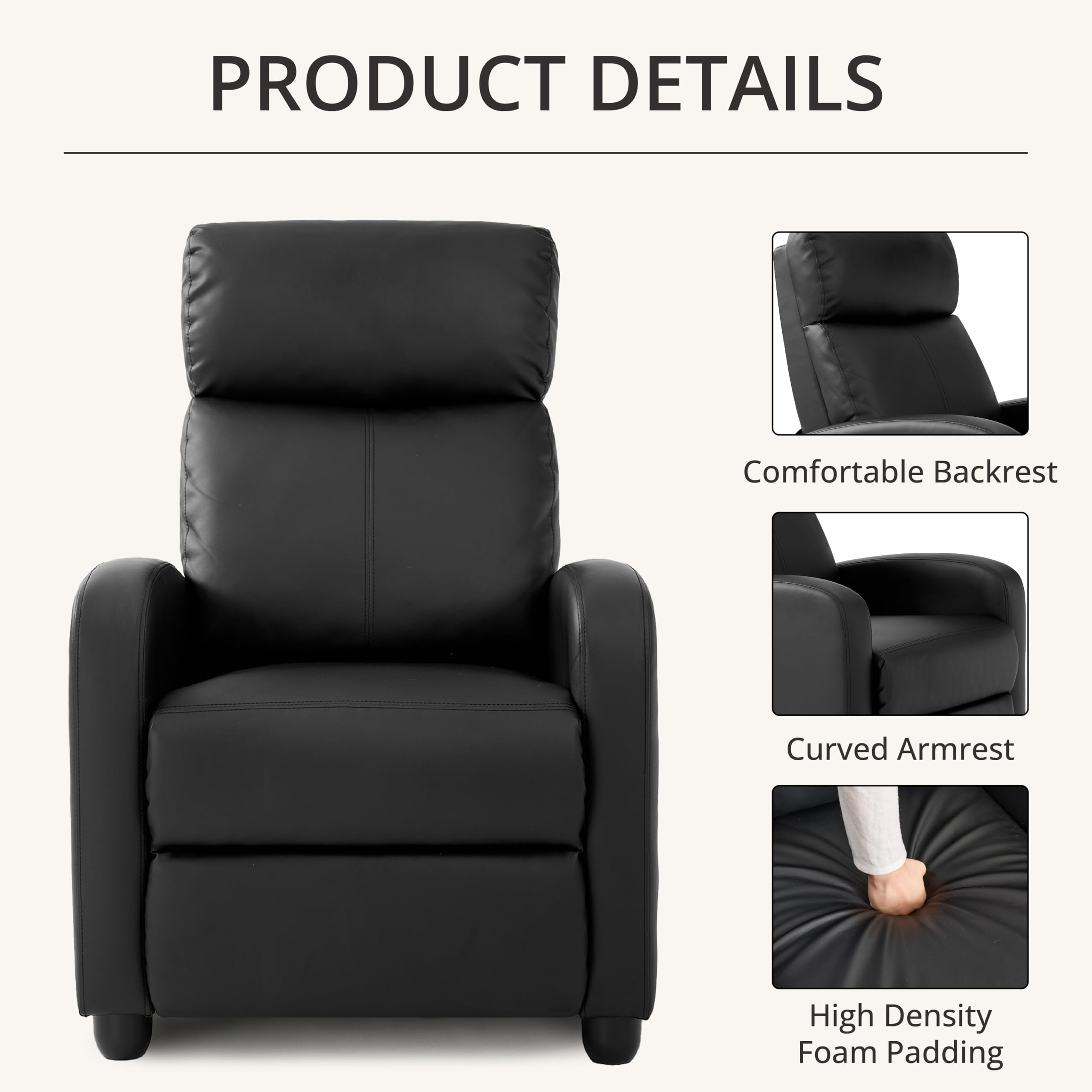 zzlay Leather Recliner Chair for Living Room, Modern Adjustable Home Theater Seating Single Sofa with Adjustable Backrest & Padded Armrests, Manual Push Back Armchair for Small Spaces,Black