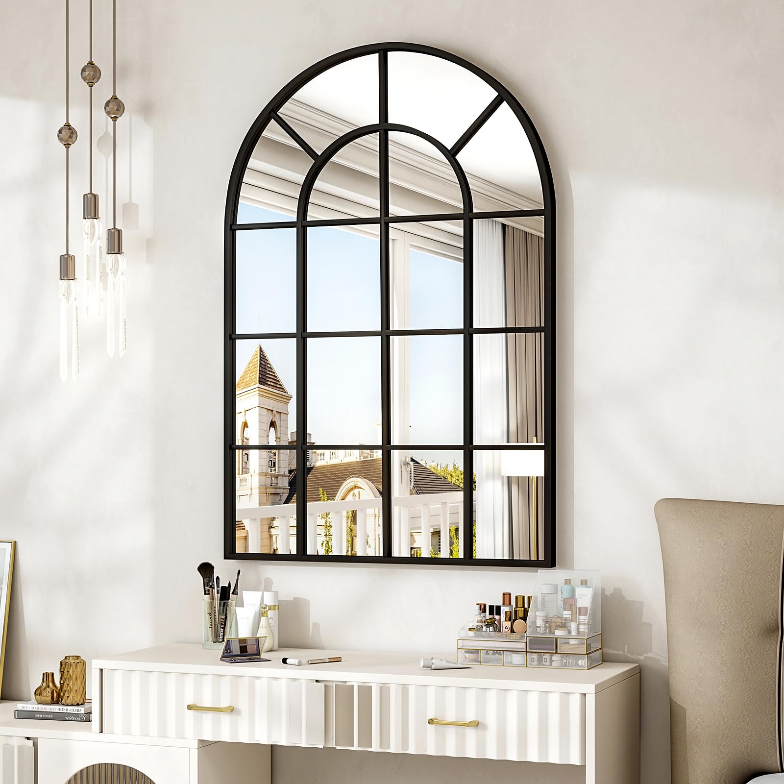 Arched Grid Wall Mirror with Metal Frame