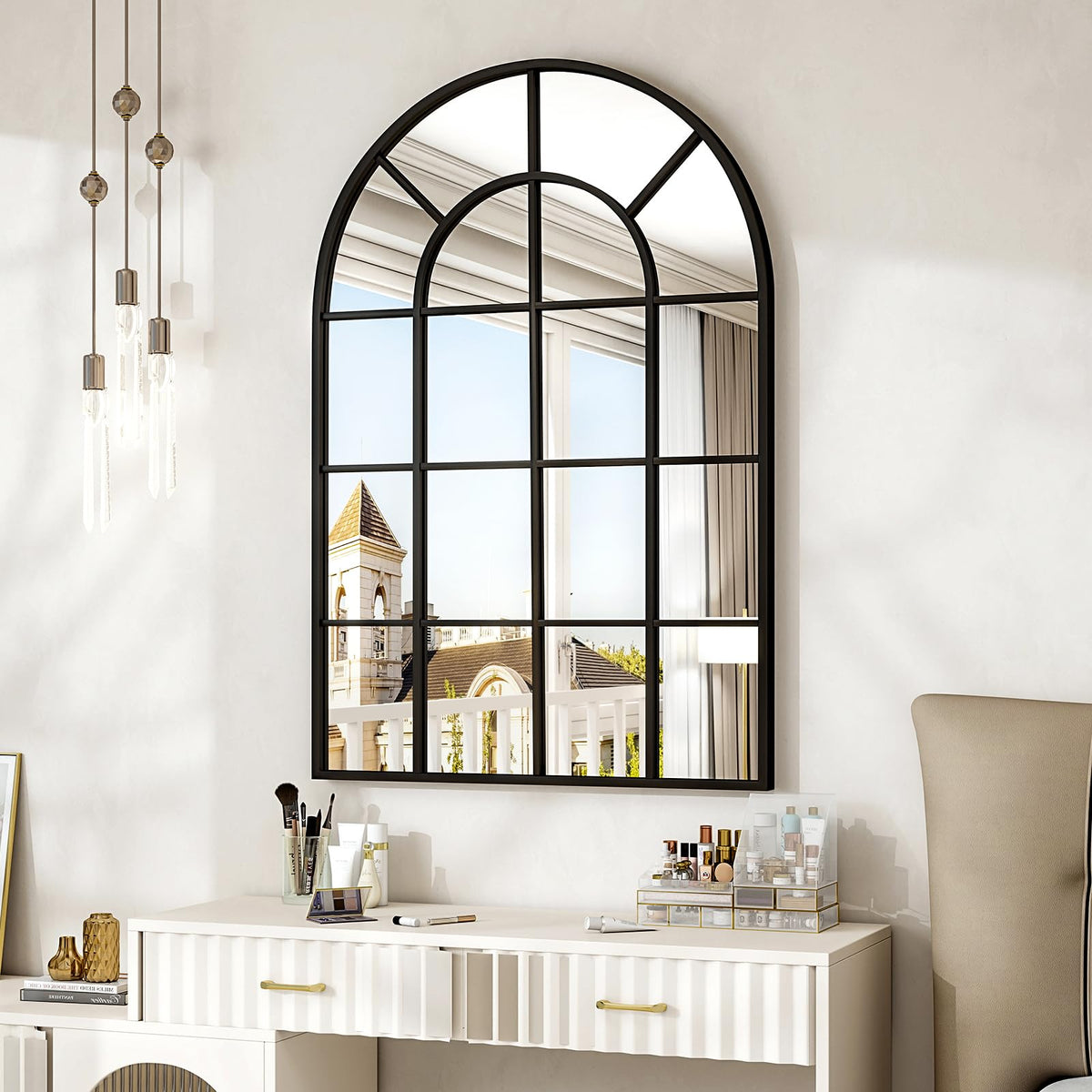 Riskioir 30"x 40" Windowpane Arched Wall Mirror with Metal Frame, Black