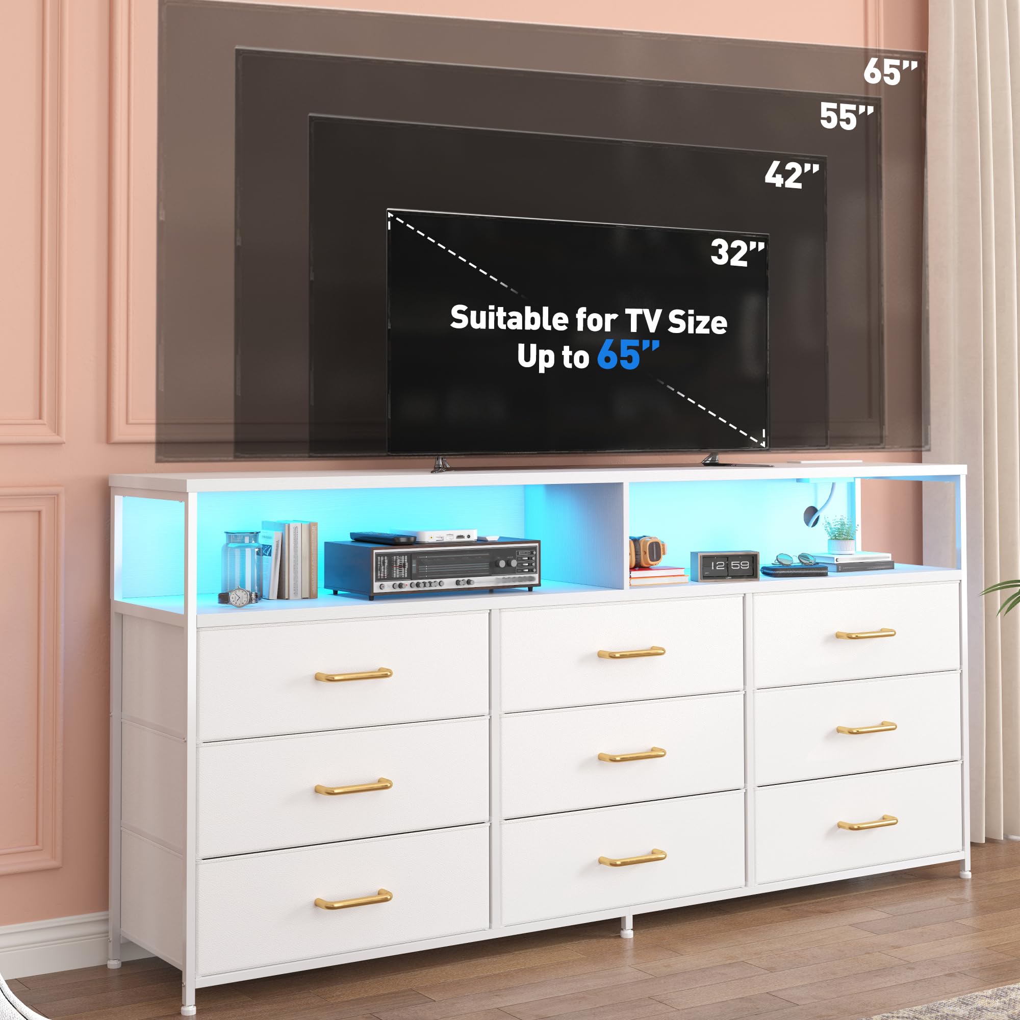 EnHomee 55" W White Dresser for Bedroom with Charging Station & LED Light, 65 Inch TV Stand with 9 Fabric Drawers, Sturdy Dressers & Chest of Drawers with 2 Wood Open Shelves,55.12" Wx11.81 Dx35.43 H