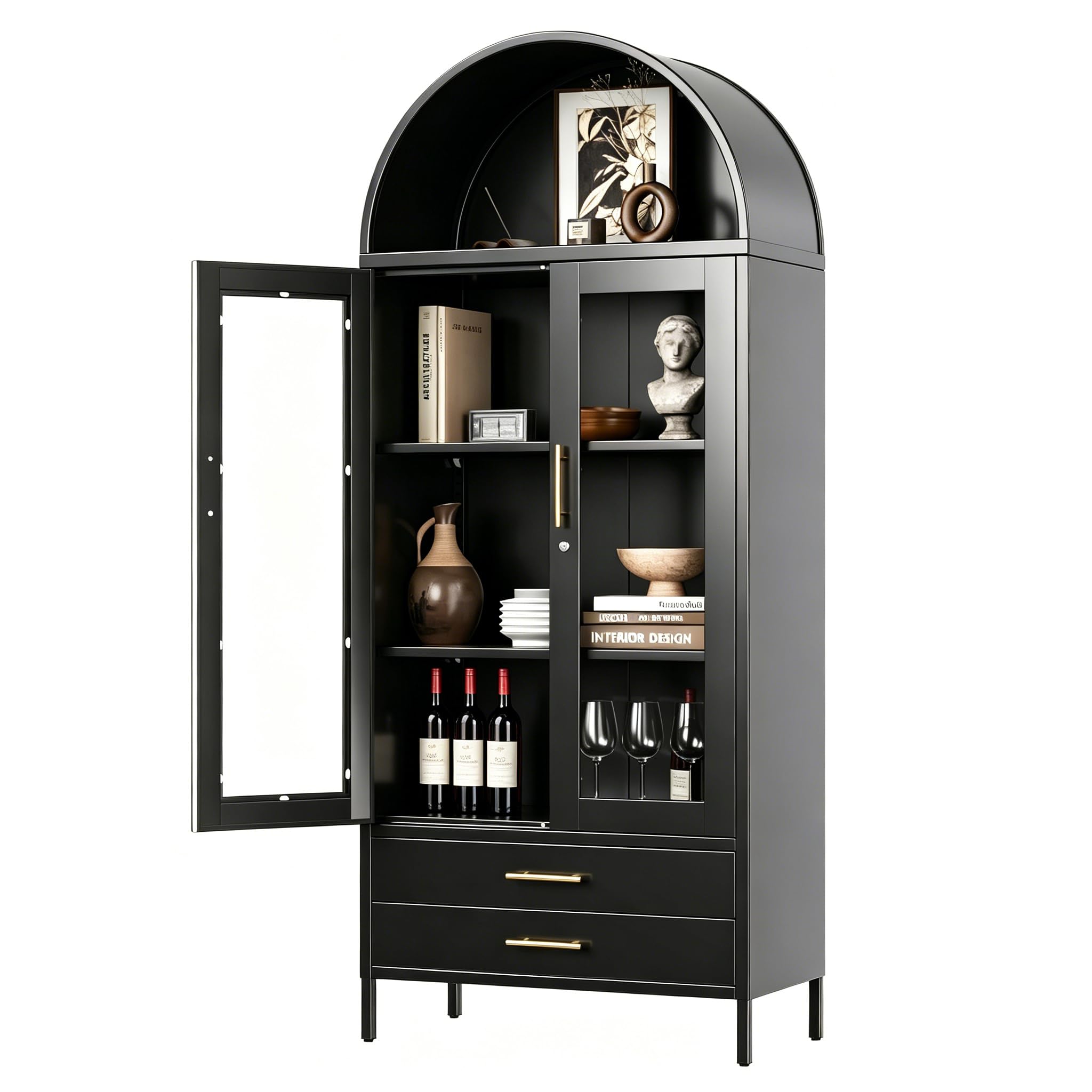 GangMei 73" Tall Display Cabinet with Glass Doors and 2 Drawers, Metal Arched Cabinet with 2 Adjustable Shelves & Lock, Freestanding Curio Storage Cabinet for Home, Assembly Required, Black