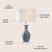 JONATHAN Y 28" Blue and White Ceramic LED Table Lamp, Chinoiserie Hand-Painted Pattern with Crystal Base, White Square Linen Shade for Bedroom, Living Room, LED Bulb Included JYL5046A