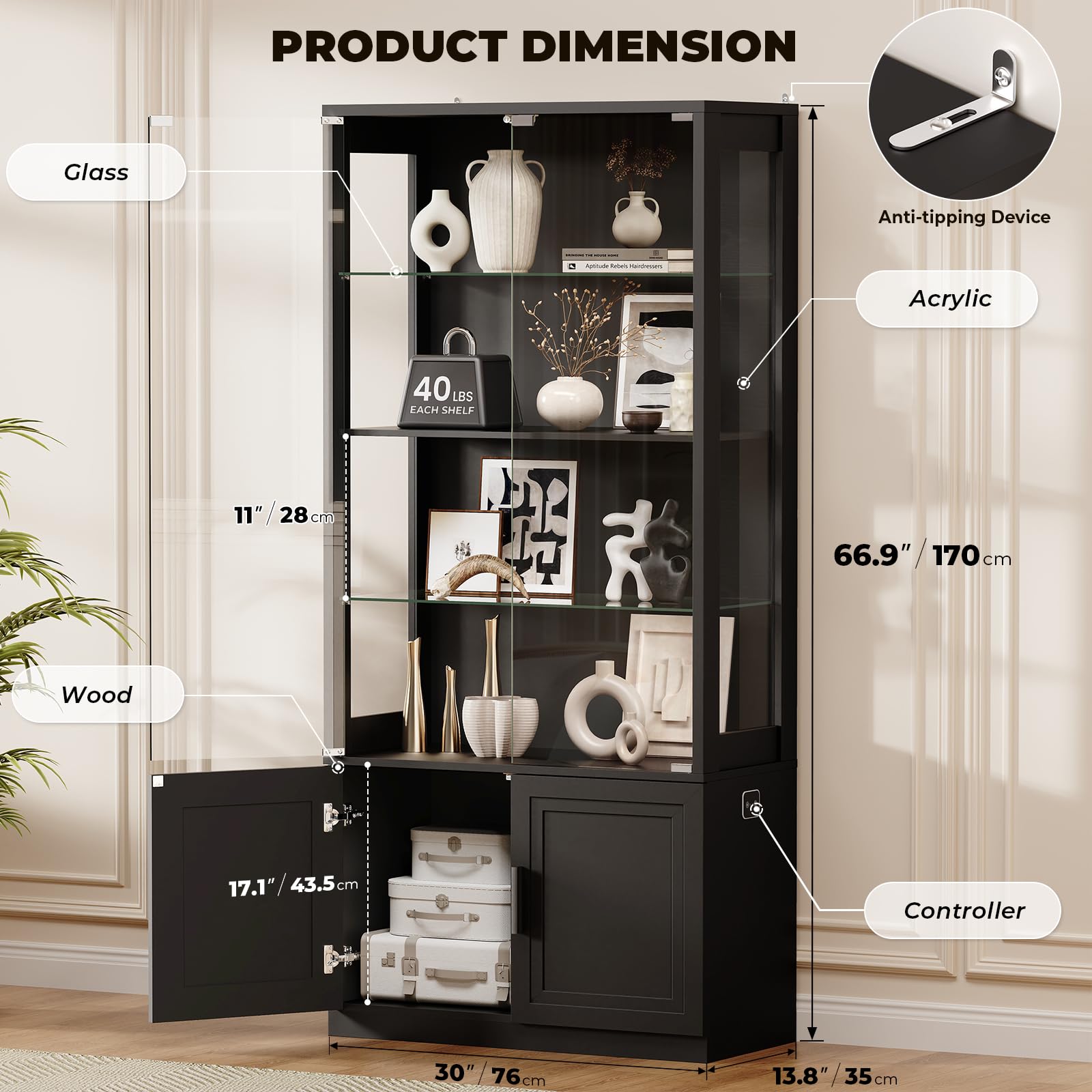 BROTTAR 67" Display Cabinet with Glass Doors, 4-Tier Curio Cabinet with 2 Removable Glass Shelves, Display Case for Collectibles, Black