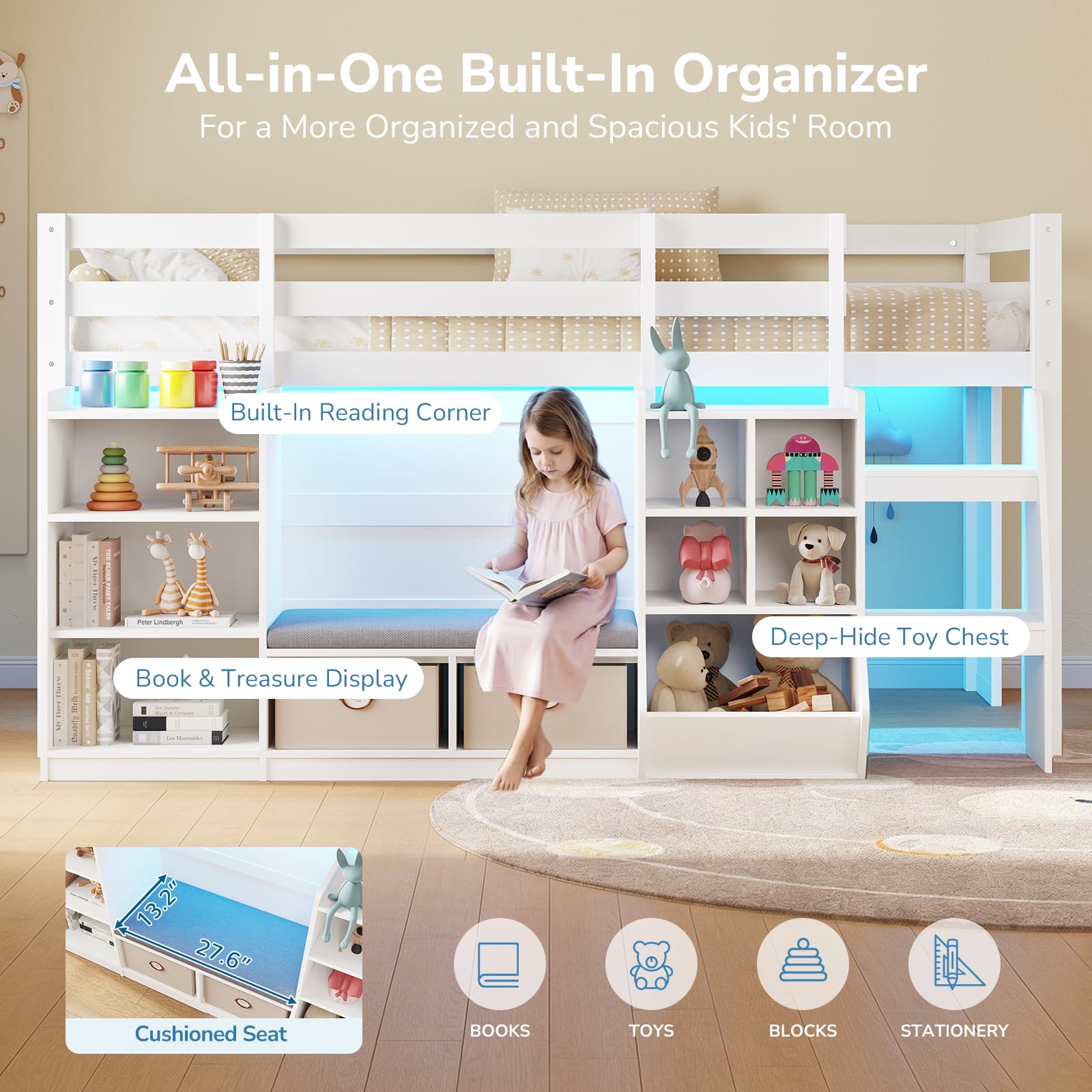 Twin Low Loft Bed with Storage & LED Lights