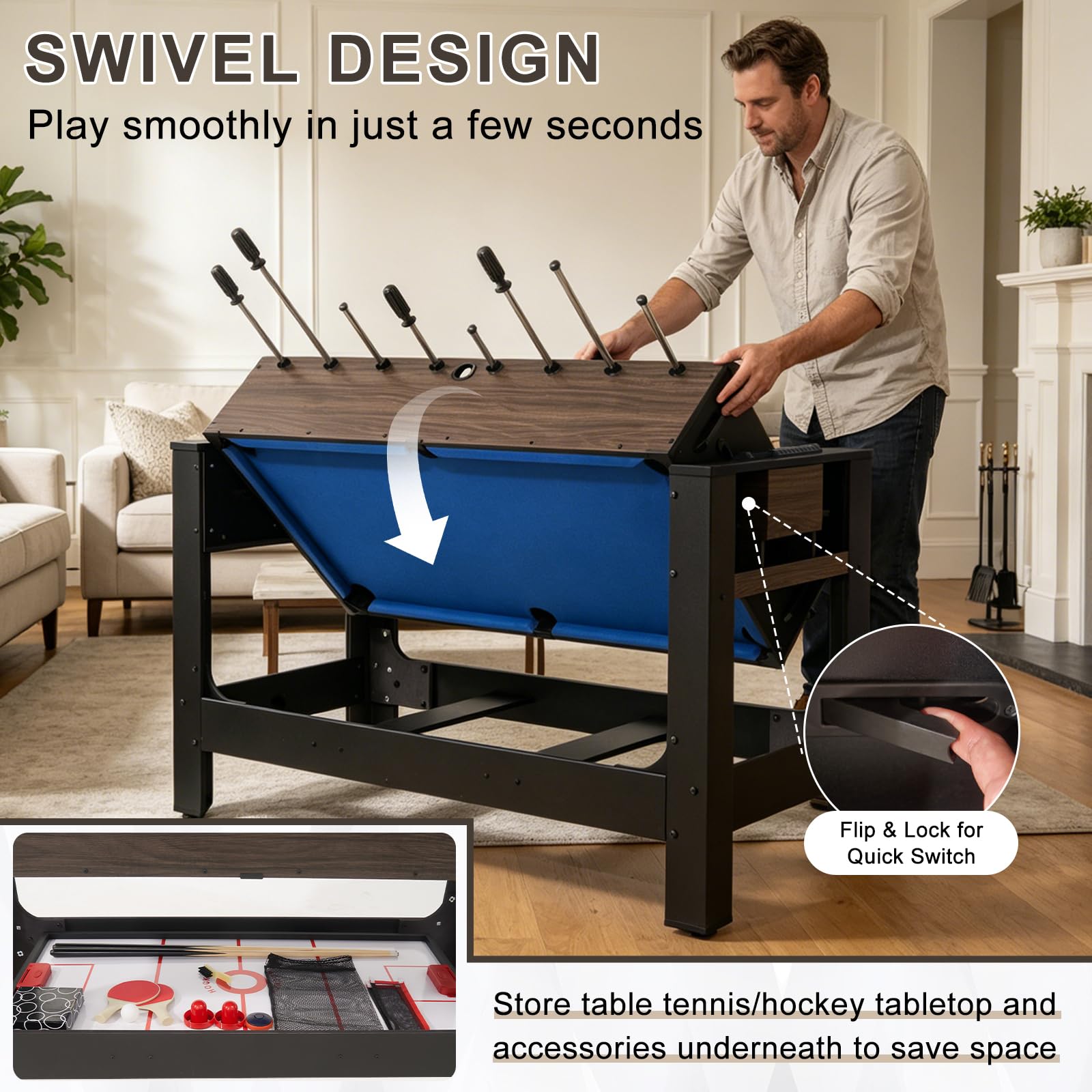 54" 4-in-1 Swivel Multi Game Table, Combo Game Table Set w/Air Hockey, Billiards, Foosball, Table Tennis for Adults, Space-Saving Sports Table for Home Game Room Party