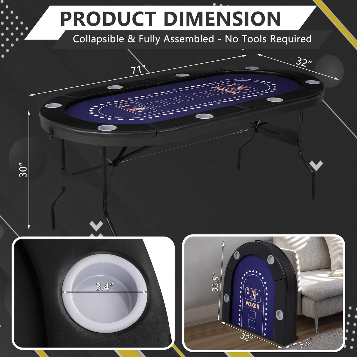 RAYKEEP Foldable Poker Table for 8 Players, 71" Texas Hold'em Casino Table