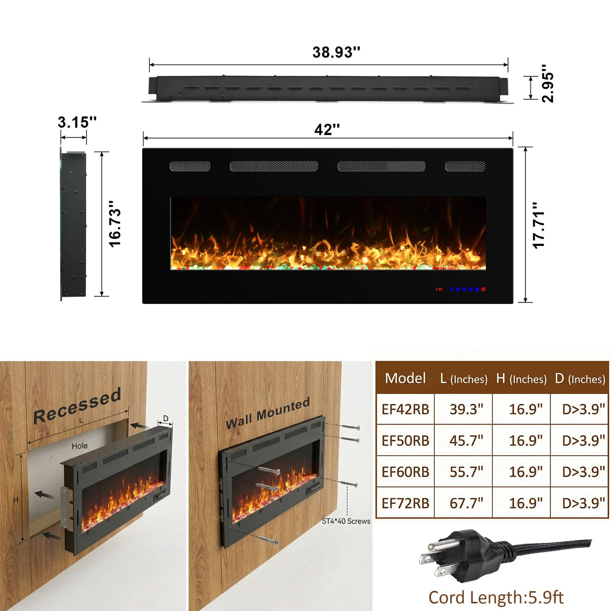 Vinemount 42" Electric Fireplace Insert Ultra-Thin, Recessed & Wall Mounted, Fireplace Heater with Adjustable Flame & Fuel Bed Color, 5 Flame Speeds & Brightness, 750/1500W, Timer