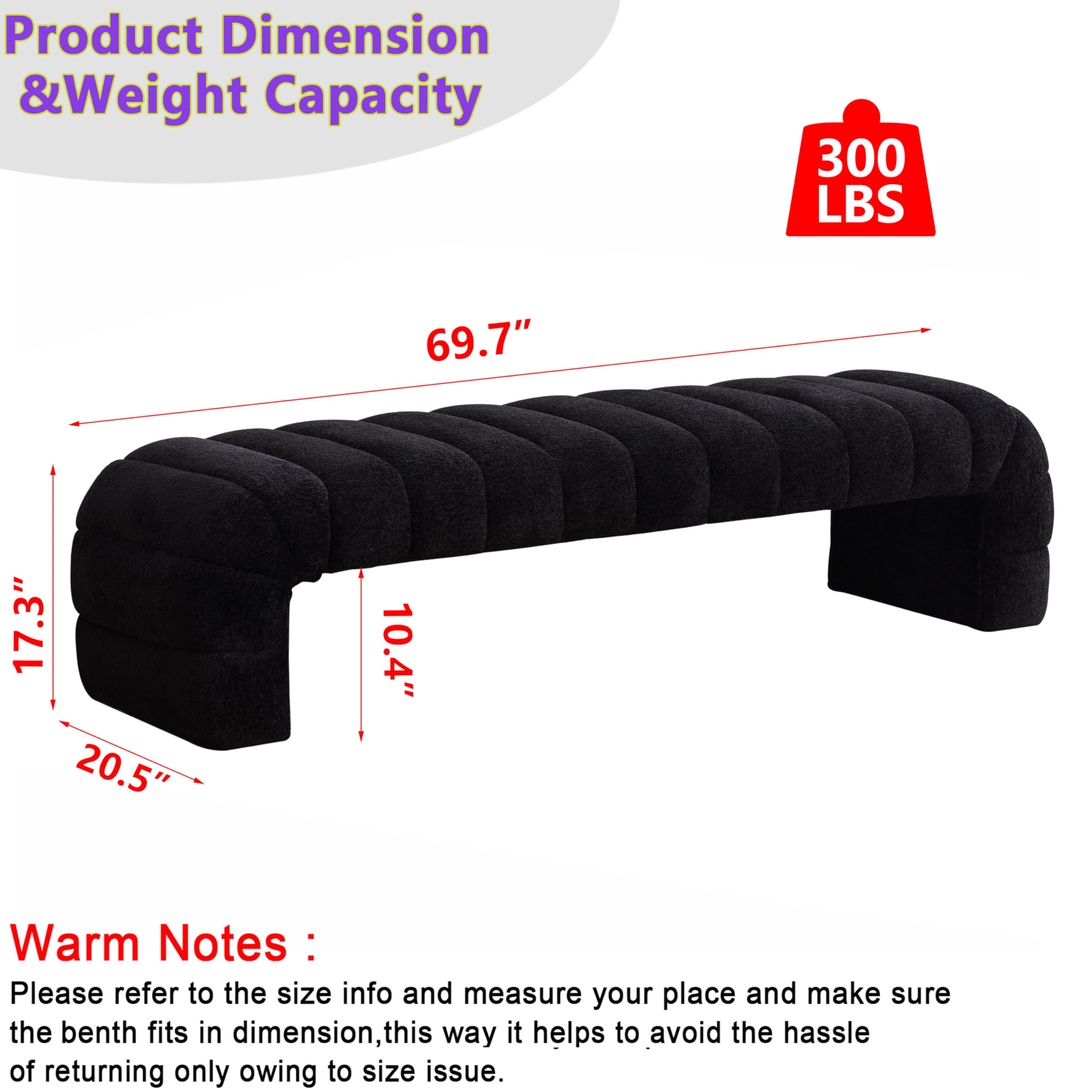 OIKIIWOO Arched Ottoman Bench for Bedroom Living Room,69.7" Chenille Long Benches for Bed End King Size,Modern Channel Tufted Seating Bench for Entryway,Window,Bedside (Black, 69.7")
